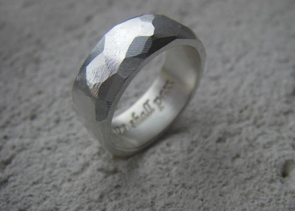 Rough hewn men's ring in sterling silver with engraving-"This too shall pass"