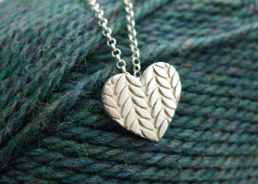 Large Knitted Heart Necklace in Sterling Silver