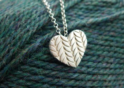 Large Knitted Heart Necklace in Sterling Silver