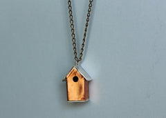 Copper and Silver Mixed Metal Birdhouse Necklace